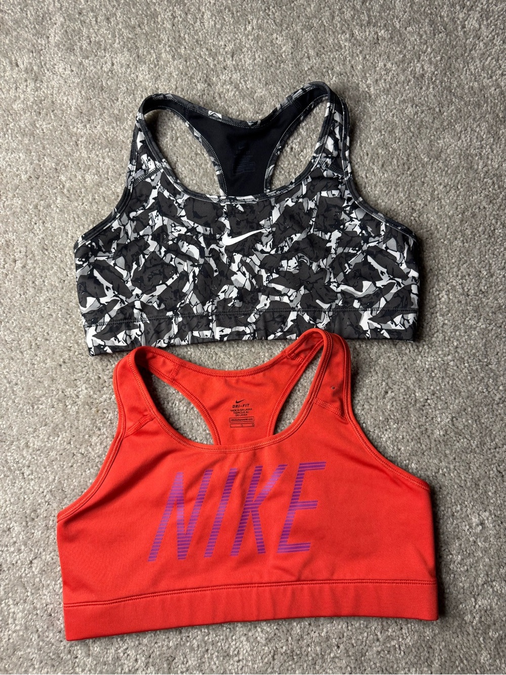 Nike Red Sports Bra with Purple Logo + Black & Gray Racerback Sports Bra